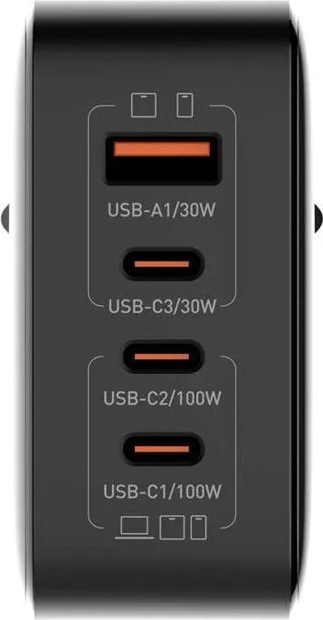 Cargador LDNIO Q408 GaN 100W con 4 puertos (1A+3C), enchufes EU/US/UK y cable USB-C. PD/PPS/QC. Ideal para viajes y escritorio minimalista.