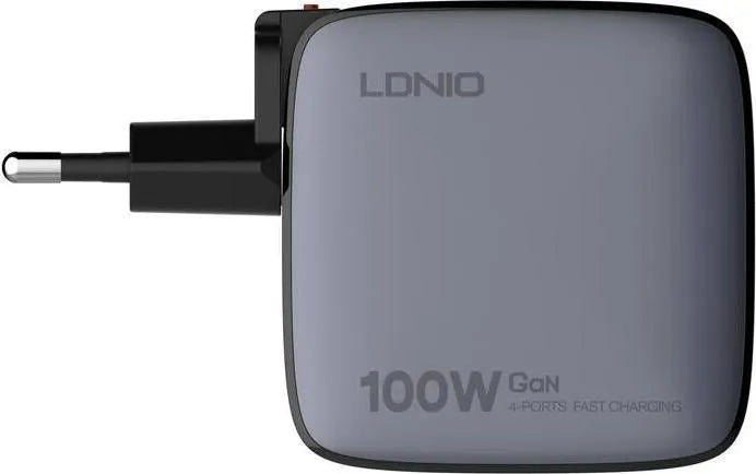 Cargador LDNIO Q408 GaN 100W con 4 puertos (1A+3C), enchufes EU/US/UK y cable USB-C. PD/PPS/QC. Ideal para viajes y escritorio minimalista.