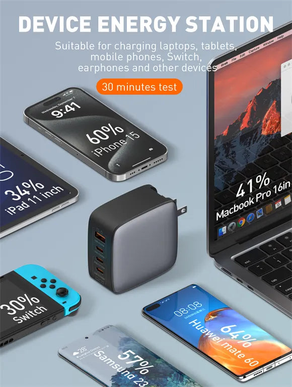 Cargador LDNIO Q408 GaN 100W con 4 puertos (1A+3C), enchufes EU/US/UK y cable USB-C. PD/PPS/QC. Ideal para viajes y escritorio minimalista.