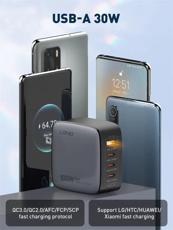 Cargador LDNIO Q408 GaN 100W con 4 puertos (1A+3C), enchufes EU/US/UK y cable USB-C. PD/PPS/QC. Ideal para viajes y escritorio minimalista.