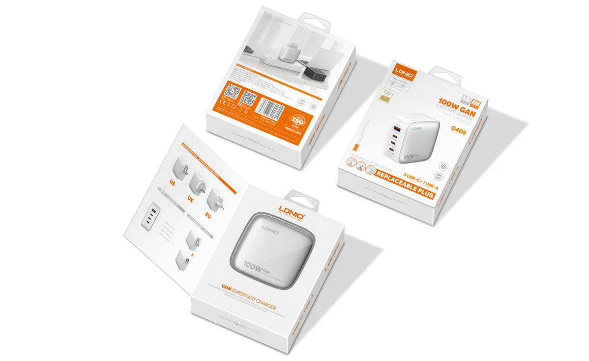 Cargador LDNIO Q408 GaN 100W con 4 puertos (1A+3C), enchufes EU/US/UK y cable USB-C. PD/PPS/QC. Ideal para viajes y escritorio minimalista.