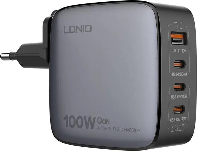 Cargador LDNIO Q408 GaN 100W con 4 puertos (1A+3C), enchufes EU/US/UK y cable USB-C. PD/PPS/QC. Ideal para viajes y escritorio minimalista.