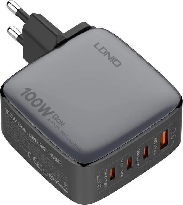 Cargador LDNIO Q408 GaN 100W con 4 puertos (1A+3C), enchufes EU/US/UK y cable USB-C. PD/PPS/QC. Ideal para viajes y escritorio minimalista.