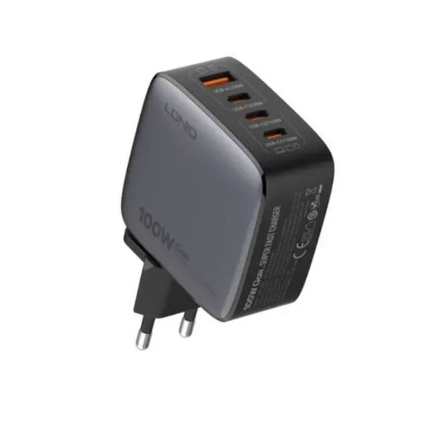 Cargador LDNIO Q408 GaN 100W con 4 puertos (1A+3C), enchufes EU/US/UK y cable USB-C. PD/PPS/QC. Ideal para viajes y escritorio minimalista.
