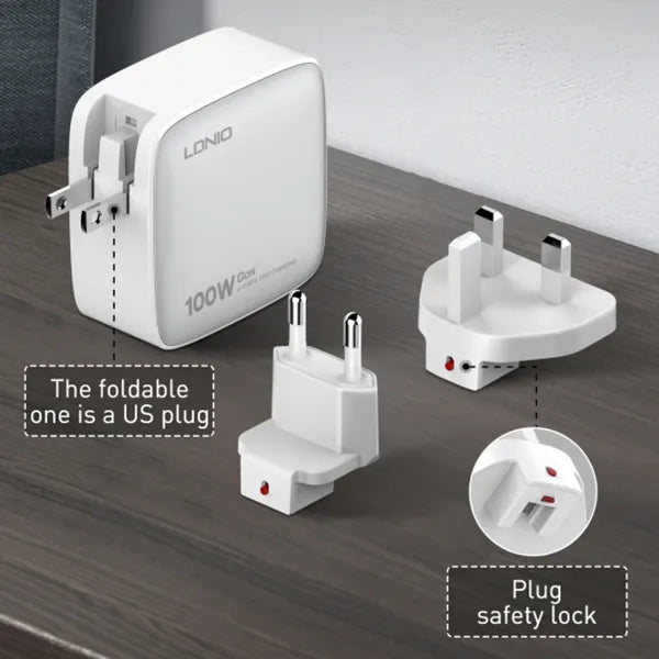 Cargador LDNIO Q408 GaN 100W con 4 puertos (1A+3C), enchufes EU/US/UK y cable USB-C. PD/PPS/QC. Ideal para viajes y escritorio minimalista.