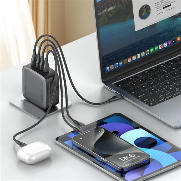 Cargador LDNIO Q408 GaN 100W con 4 puertos (1A+3C), enchufes EU/US/UK y cable USB-C. PD/PPS/QC. Ideal para viajes y escritorio minimalista.