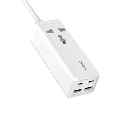 LDNIO SC1418 con 2×USB-C + 2×USB-A (65 W), cable 2 m y 2500 W. PC ignífugo y 9 protecciones. Ideal para escritorio y hogar. Envíos a todo el Perú.