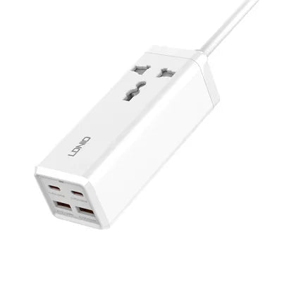 LDNIO SC1418 con 2×USB-C + 2×USB-A (65 W), cable 2 m y 2500 W. PC ignífugo y 9 protecciones. Ideal para escritorio y hogar. Envíos a todo el Perú.