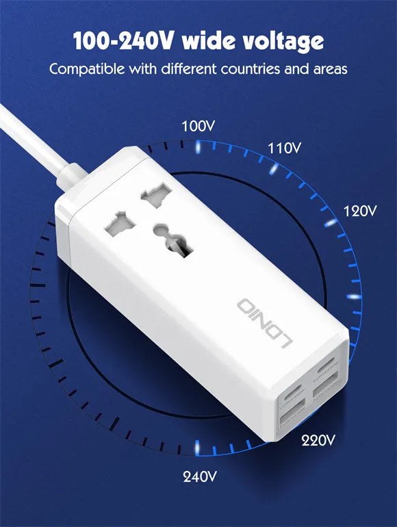 LDNIO SC1418 con 2×USB-C + 2×USB-A (65 W), cable 2 m y 2500 W. PC ignífugo y 9 protecciones. Ideal para escritorio y hogar. Envíos a todo el Perú.