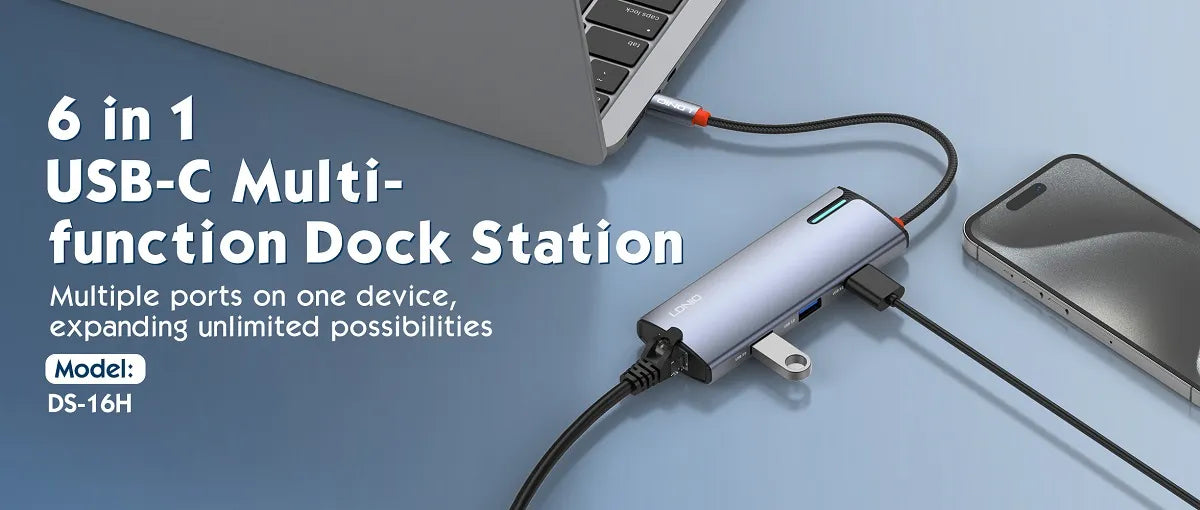 LDNIO DS-16H – Docking Station USB-C 6 en 1 con HDMI 4K, RJ45 y PD 100W