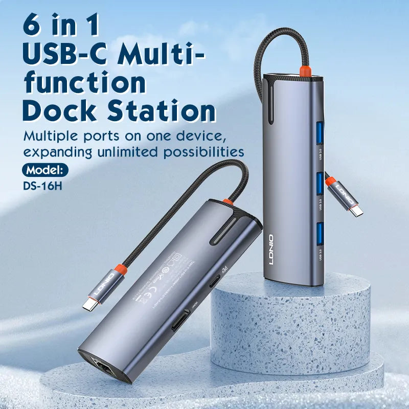 LDNIO DS-16H – Docking Station USB-C 6 en 1 con HDMI 4K, RJ45 y PD 100W