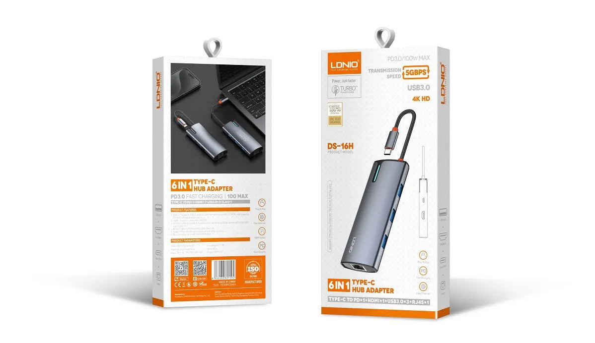 LDNIO DS-16H – Docking Station USB-C 6 en 1 con HDMI 4K, RJ45 y PD 100W