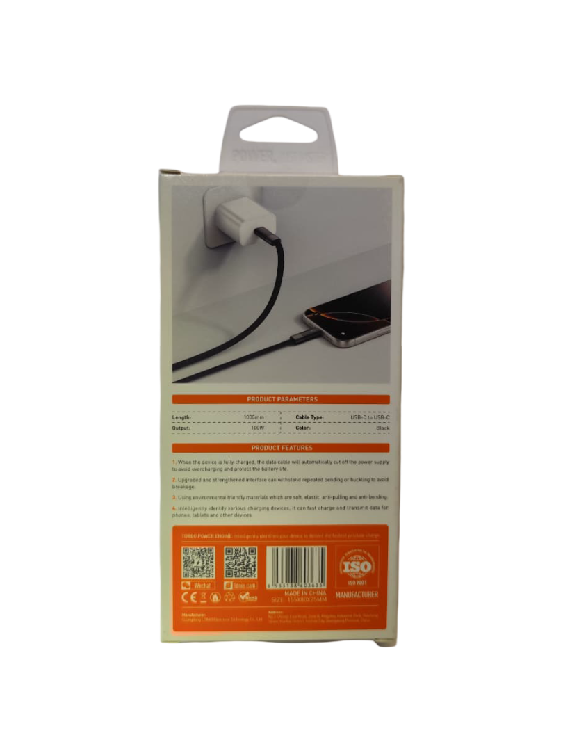 Cable LDNIO LC241C USB-C a USB-C de 100W, 1 m, PD, datos 480 Mbps y apagado automático. Ideal para laptops, tablets y smartphones.