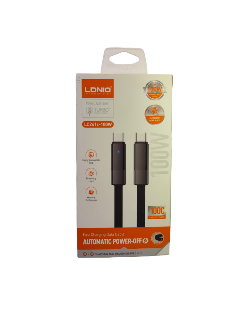 Cable LDNIO LC241C USB-C a USB-C de 100W, 1 m, PD, datos 480 Mbps y apagado automático. Ideal para laptops, tablets y smartphones.
