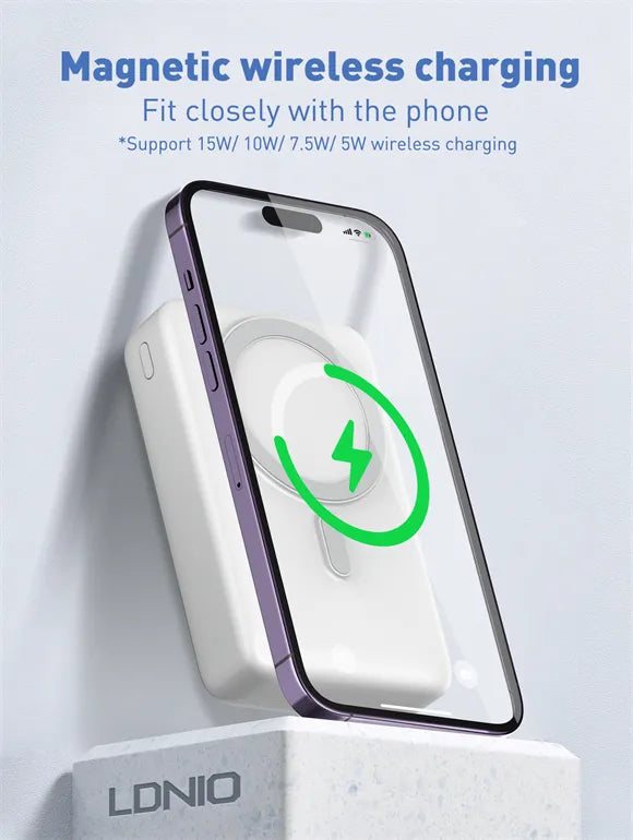 LDNIO PQ18 con 20,000 mAh, wireless magnético 15W, USB-C/USB-A hasta 22.5W, entrada 18W y 9 protecciones. Envíos a todo el Perú.