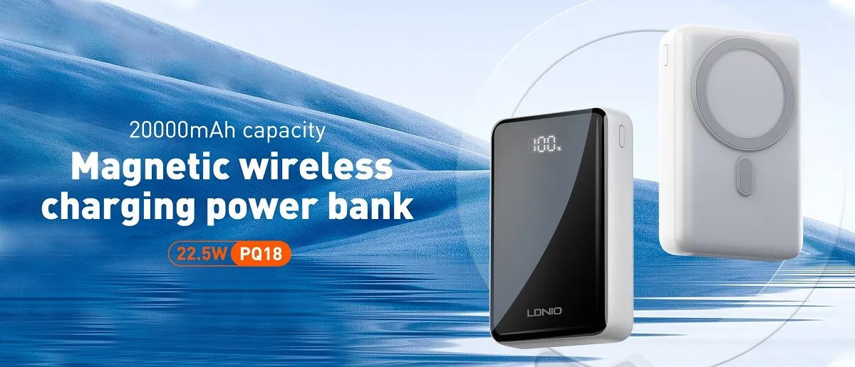 LDNIO PQ18 con 20,000 mAh, wireless magnético 15W, USB-C/USB-A hasta 22.5W, entrada 18W y 9 protecciones. Envíos a todo el Perú.
