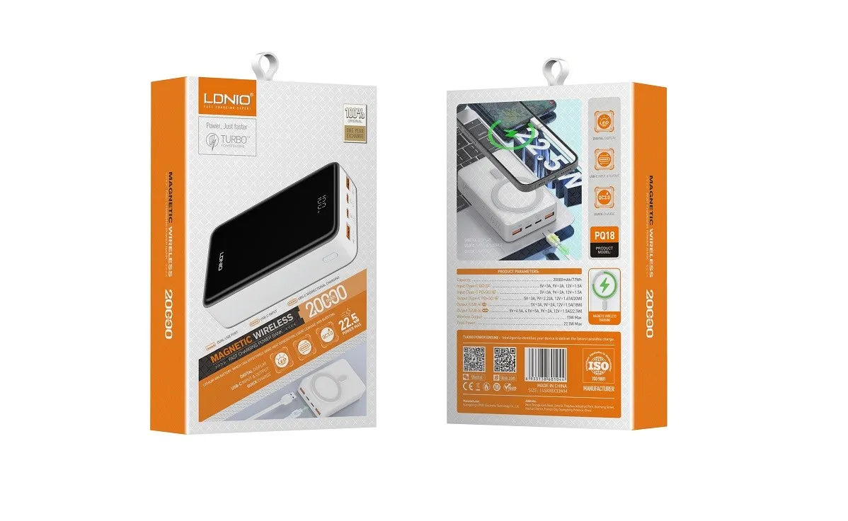 LDNIO PQ18 con 20,000 mAh, wireless magnético 15W, USB-C/USB-A hasta 22.5W, entrada 18W y 9 protecciones. Envíos a todo el Perú.