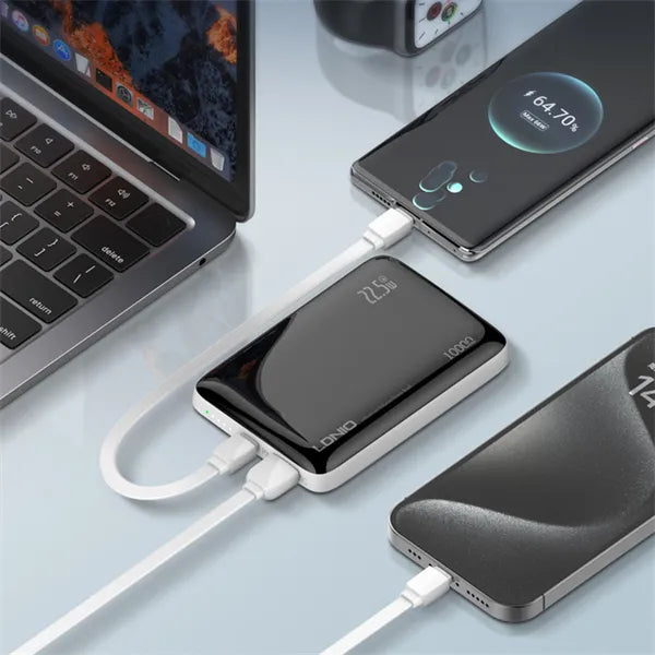 Power bank LDNIO PQ25 10,000 mAh con 22.5W (PD+QC), USB-C bidireccional, USB-A 22.5W y carcasa PC con 9 protecciones. Compacto y potente.