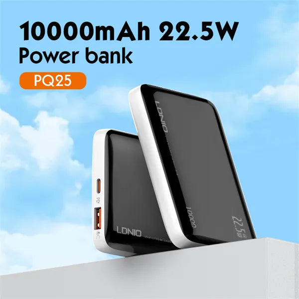 Power bank LDNIO PQ25 10,000 mAh con 22.5W (PD+QC), USB-C bidireccional, USB-A 22.5W y carcasa PC con 9 protecciones. Compacto y potente.