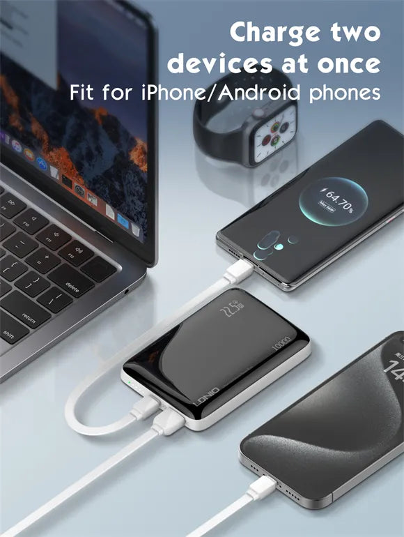 Power bank LDNIO PQ25 10,000 mAh con 22.5W (PD+QC), USB-C bidireccional, USB-A 22.5W y carcasa PC con 9 protecciones. Compacto y potente.