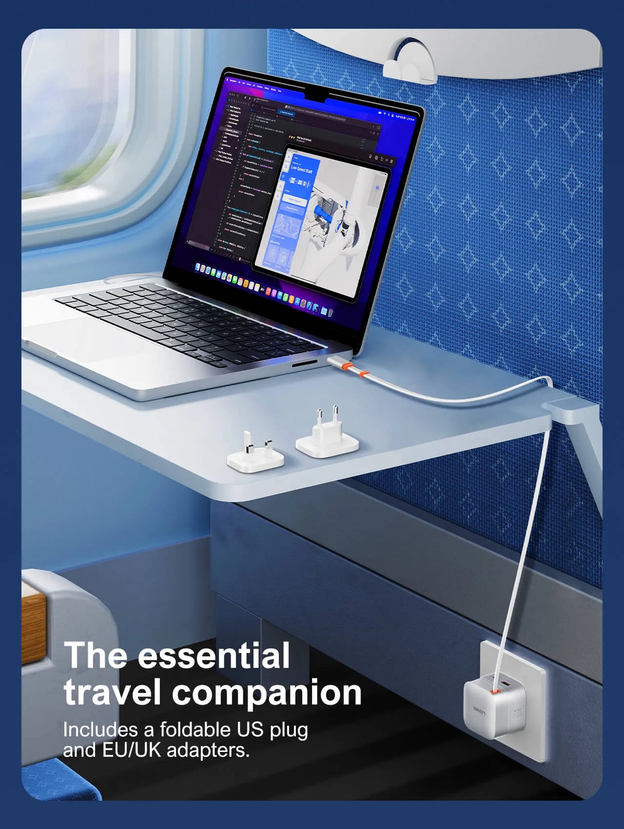 Cargador LDNIO Q10 de 65W con cable USB-C retráctil de 80 cm, USB-C 30W y USB-A 18W. Compacto y todo-en-uno para viajes y oficina.
