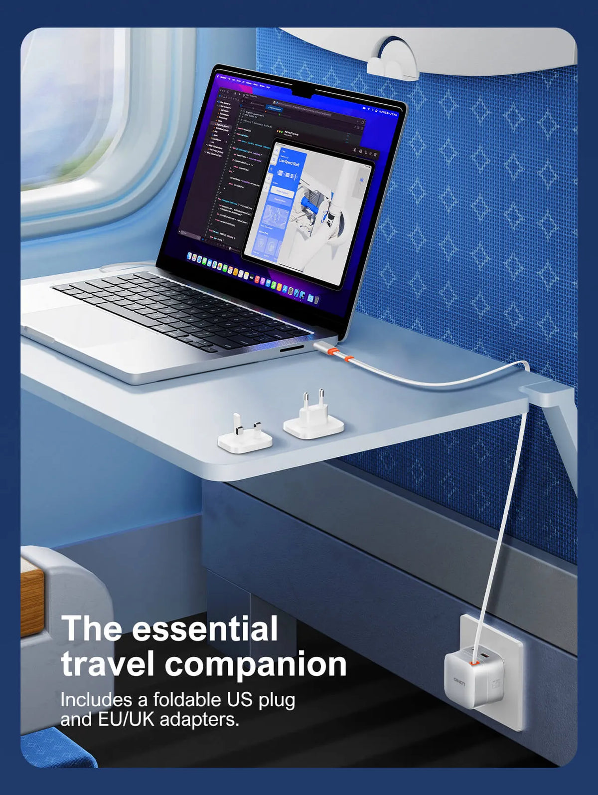 Cargador LDNIO Q10 de 65W con cable USB-C retráctil de 80 cm, USB-C 30W y USB-A 18W. Compacto y todo-en-uno para viajes y oficina.