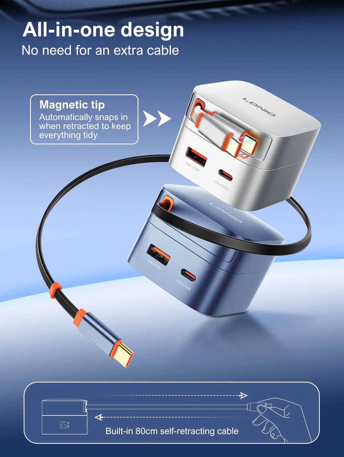 Cargador LDNIO Q10 de 65W con cable USB-C retráctil de 80 cm, USB-C 30W y USB-A 18W. Compacto y todo-en-uno para viajes y oficina.