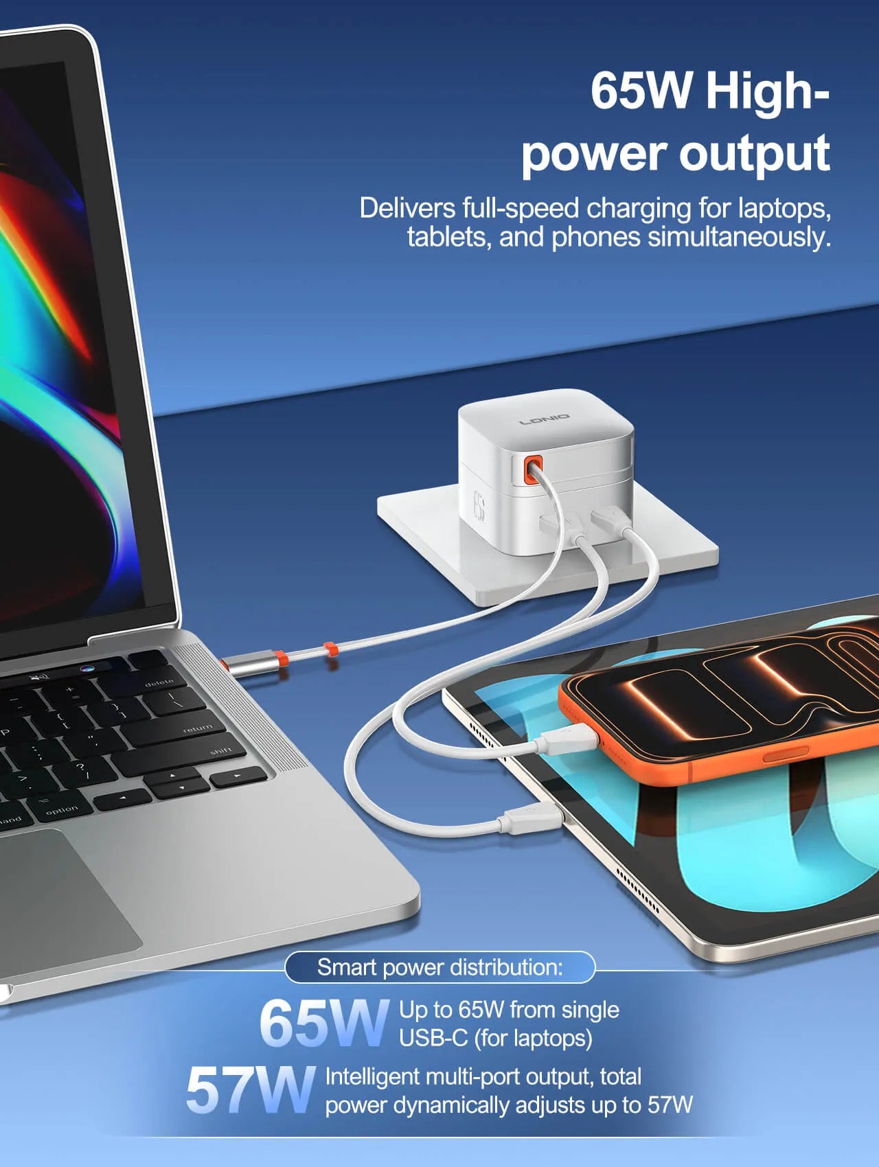 Cargador LDNIO Q10 de 65W con cable USB-C retráctil de 80 cm, USB-C 30W y USB-A 18W. Compacto y todo-en-uno para viajes y oficina.
