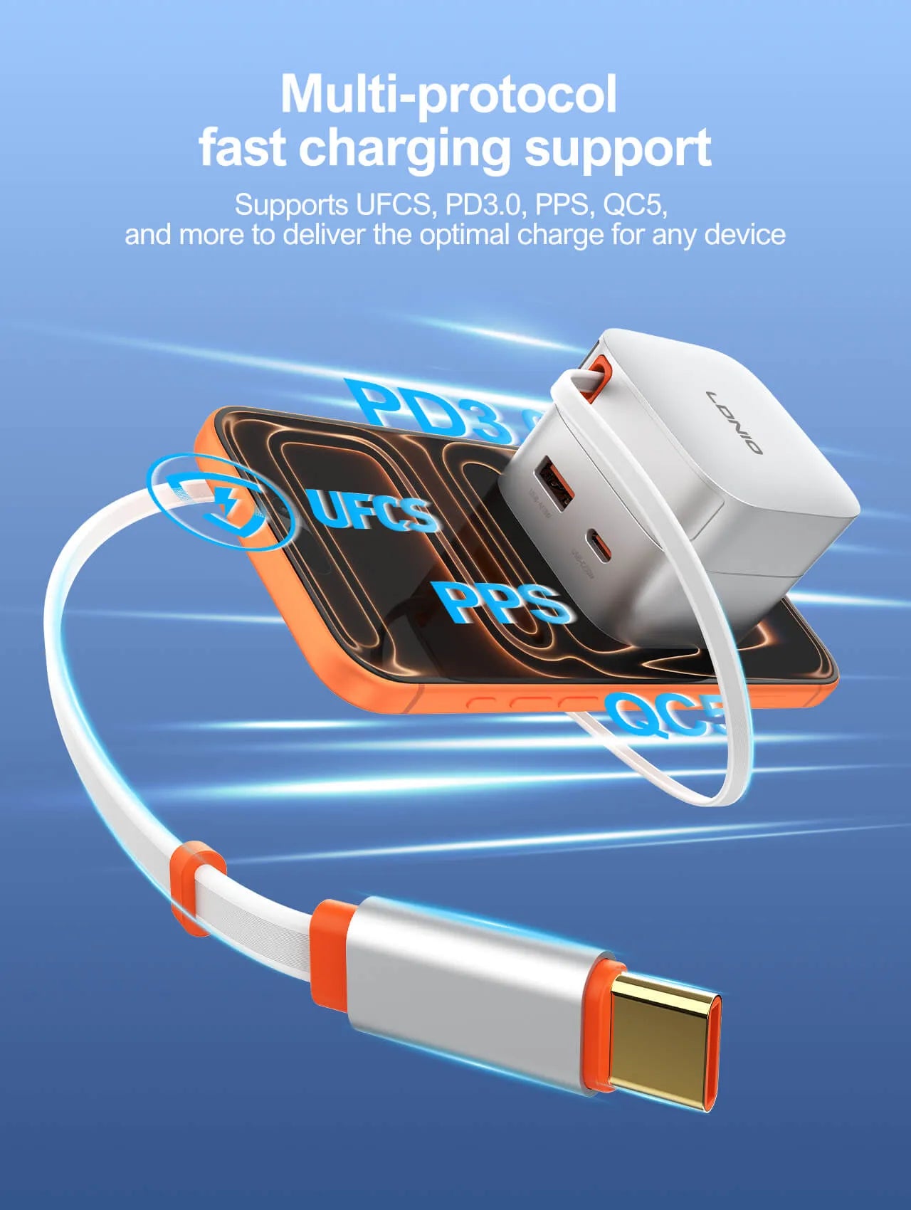 Cargador LDNIO Q10 de 65W con cable USB-C retráctil de 80 cm, USB-C 30W y USB-A 18W. Compacto y todo-en-uno para viajes y oficina.