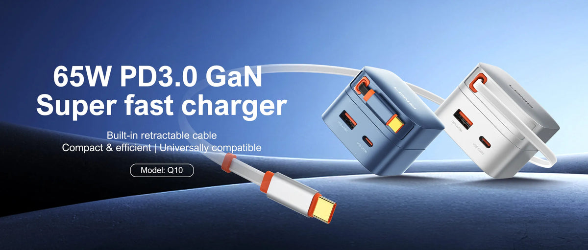 Cargador LDNIO Q10 de 65W con cable USB-C retráctil de 80 cm, USB-C 30W y USB-A 18W. Compacto y todo-en-uno para viajes y oficina.