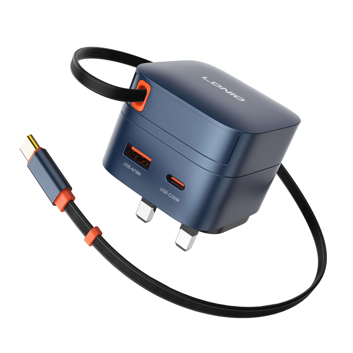 Cargador LDNIO Q10 de 65W con cable USB-C retráctil de 80 cm, USB-C 30W y USB-A 18W. Compacto y todo-en-uno para viajes y oficina.