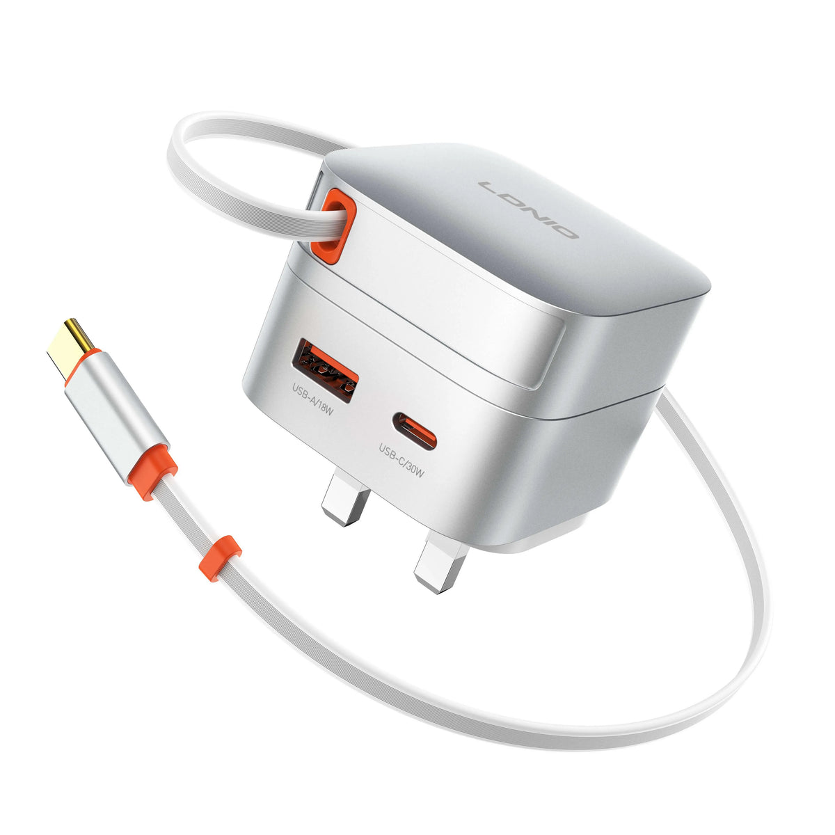 Cargador LDNIO Q10 de 65W con cable USB-C retráctil de 80 cm, USB-C 30W y USB-A 18W. Compacto y todo-en-uno para viajes y oficina.