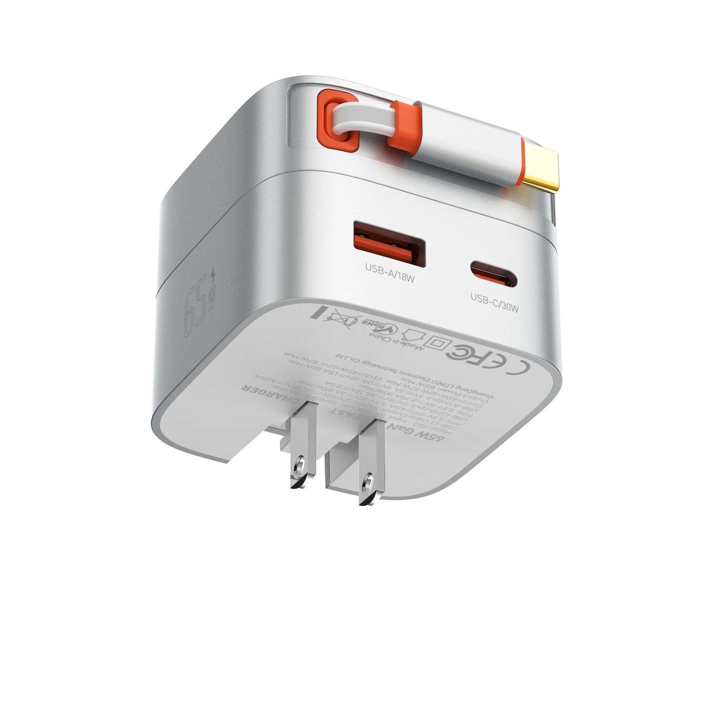 Cargador LDNIO Q10 de 65W con cable USB-C retráctil de 80 cm, USB-C 30W y USB-A 18W. Compacto y todo-en-uno para viajes y oficina.