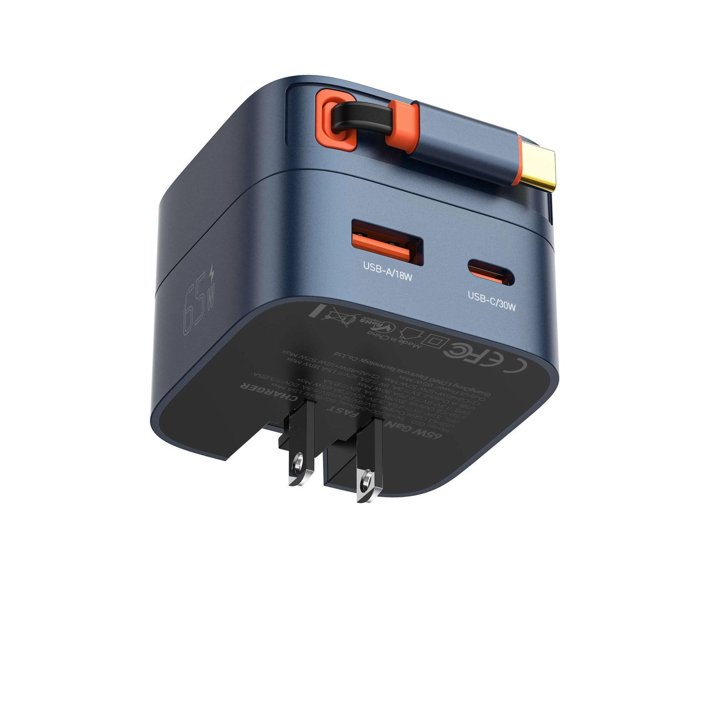 Cargador LDNIO Q10 de 65W con cable USB-C retráctil de 80 cm, USB-C 30W y USB-A 18W. Compacto y todo-en-uno para viajes y oficina.