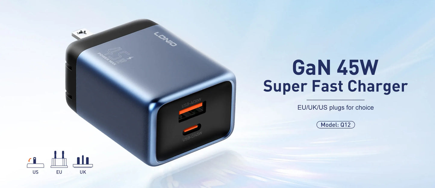 LDNIO Q12 – Cargador GaN 45W (USB-C + USB-A)