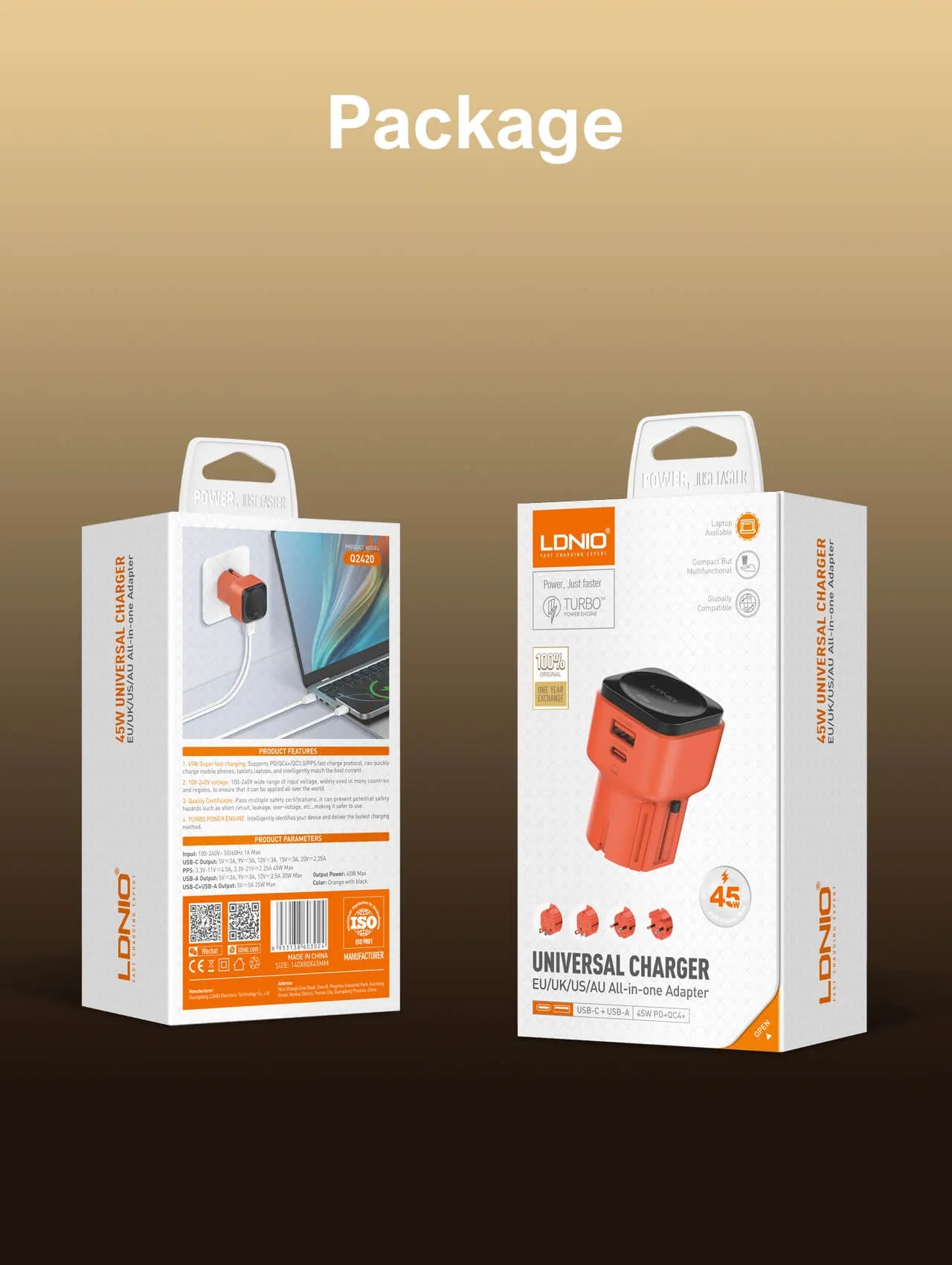 Adaptador universal global LDNIO Q2420 con US/UK/EU/AU y cargador rápido 45W (USB-C PD + USB-A). Compacto, seguro y perfecto para viajes.