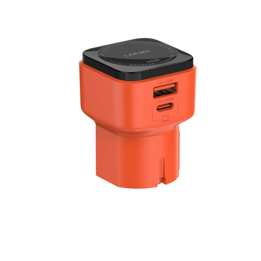 Adaptador universal global LDNIO Q2420 con US/UK/EU/AU y cargador rápido 45W (USB-C PD + USB-A). Compacto, seguro y perfecto para viajes.