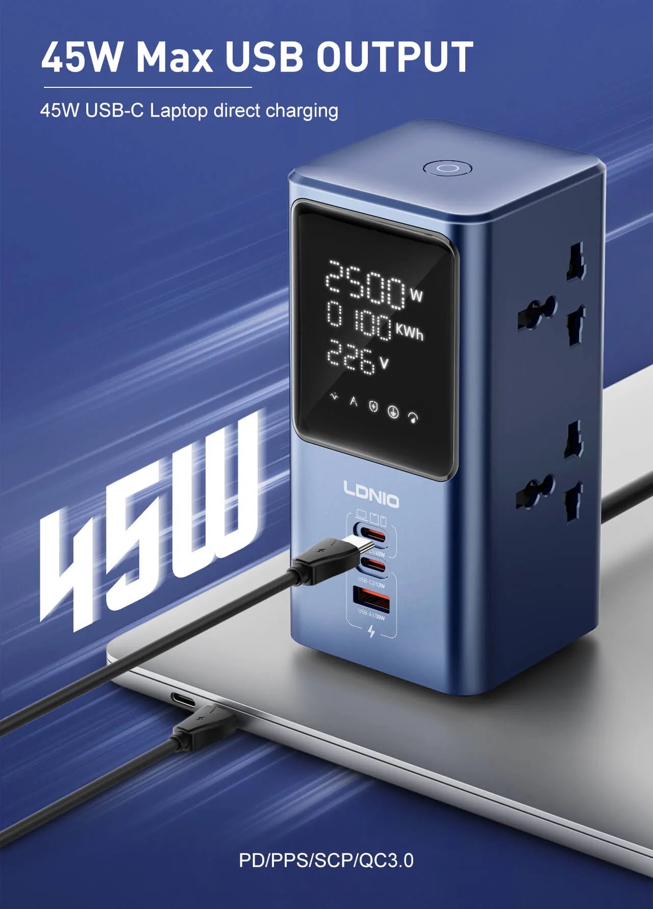 Regleta/Hub LDNIO SC2: hasta 45W, puertos USB-C/USB-A, luz LED, protecciones y diseño compacto. Menos cargadores, menos cables en tu escritorio.