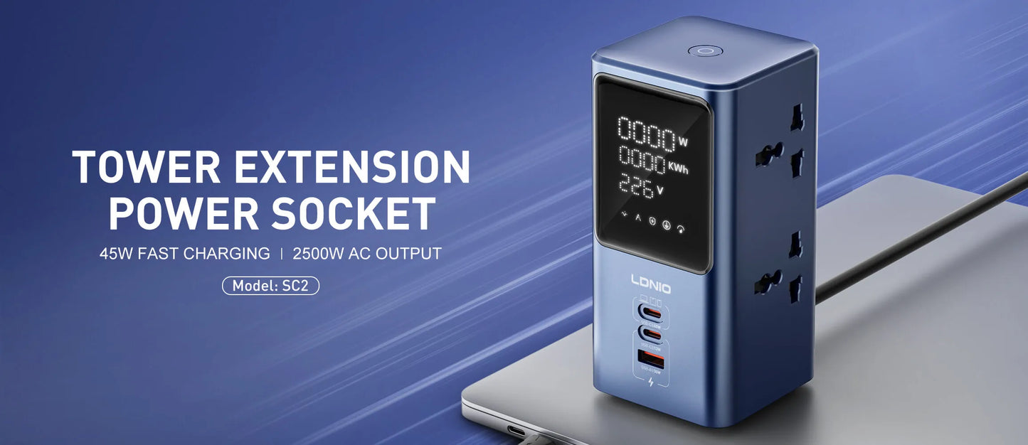 Regleta/Hub LDNIO SC2: hasta 45W, puertos USB-C/USB-A, luz LED, protecciones y diseño compacto. Menos cargadores, menos cables en tu escritorio.