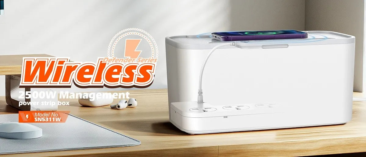 Ordena tu escritorio con la LDNIO SN5311W: regleta con caja organizadora, Qi 15W, USB-C PD 20W y USB-A QC. Cable 2 m, botón maestro y 9 protecciones.