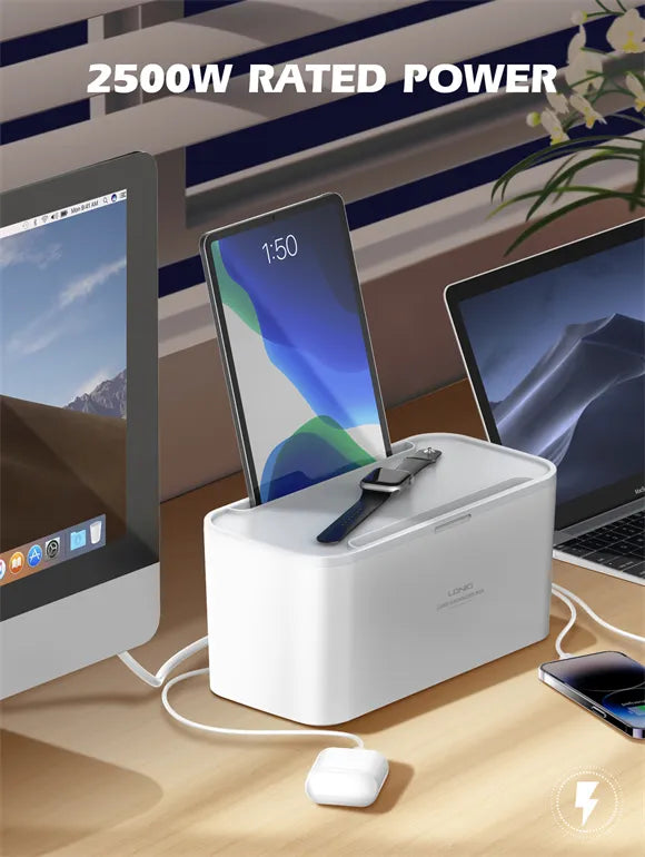 Ordena tu escritorio con la LDNIO SN5311W: regleta con caja organizadora, Qi 15W, USB-C PD 20W y USB-A QC. Cable 2 m, botón maestro y 9 protecciones.