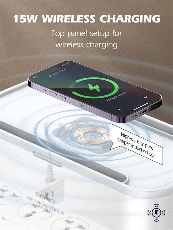 Ordena tu escritorio con la LDNIO SN5311W: regleta con caja organizadora, Qi 15W, USB-C PD 20W y USB-A QC. Cable 2 m, botón maestro y 9 protecciones.