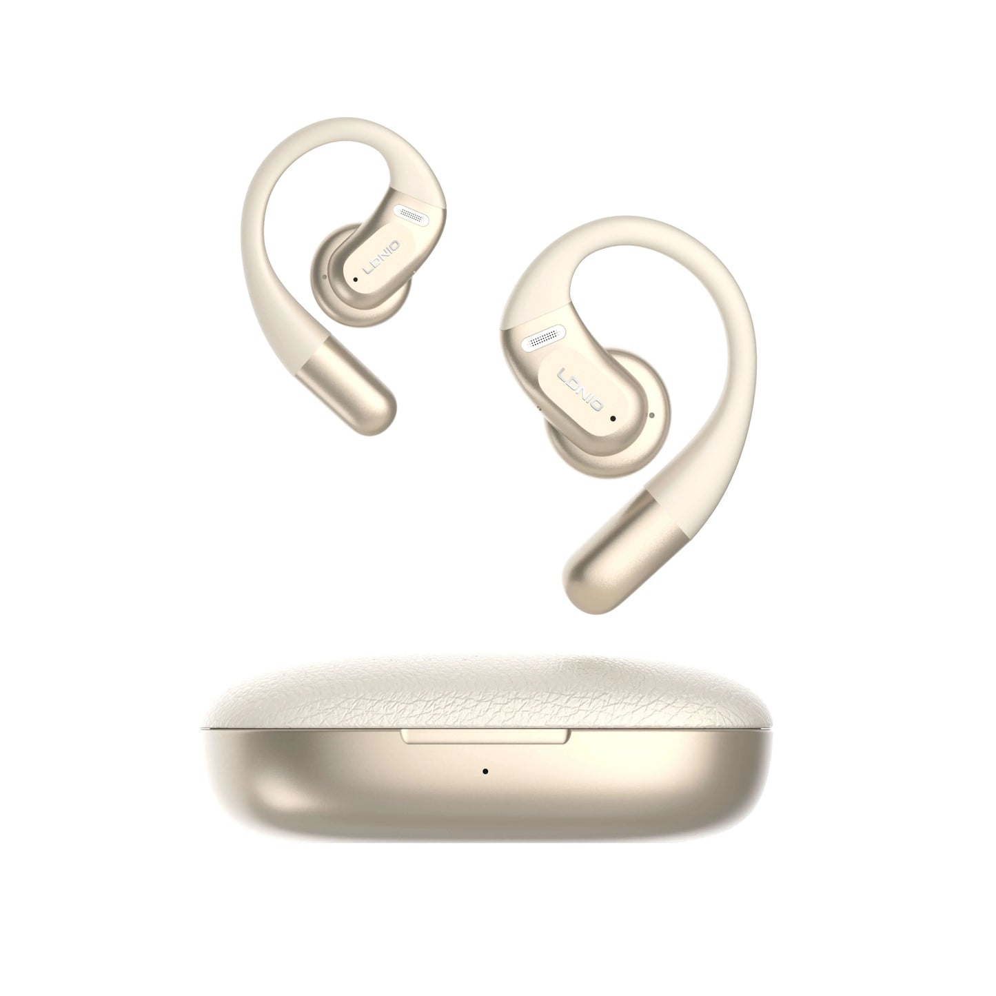 Auriculares LDNIO T12 ear-hook con BT 5.4, IPX4, estuche 1000 mAh (hasta 54 h), baja latencia, táctiles y USB-C. Ajuste firme y cómodo.