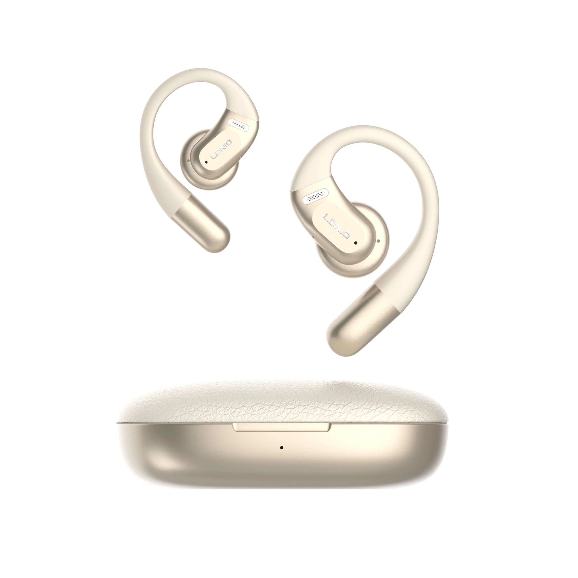Auriculares LDNIO T12 ear-hook con BT 5.4, IPX4, estuche 1000 mAh (hasta 54 h), baja latencia, táctiles y USB-C. Ajuste firme y cómodo.