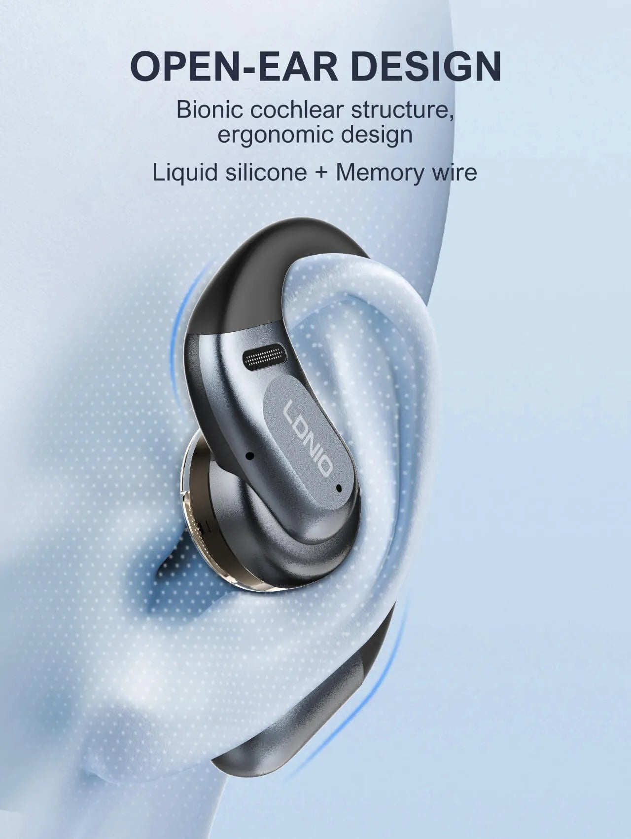 Auriculares LDNIO T12 ear-hook con BT 5.4, IPX4, estuche 1000 mAh (hasta 54 h), baja latencia, táctiles y USB-C. Ajuste firme y cómodo.