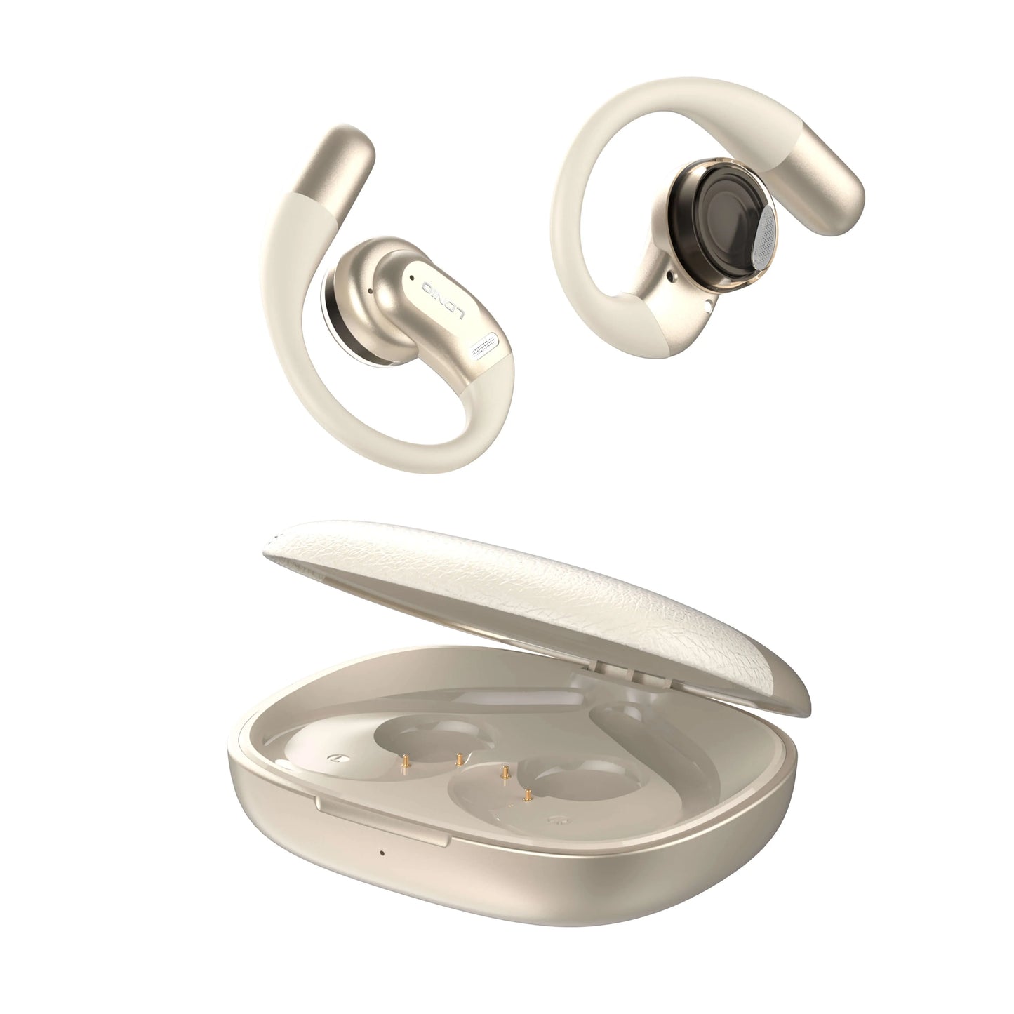 Auriculares LDNIO T12 ear-hook con BT 5.4, IPX4, estuche 1000 mAh (hasta 54 h), baja latencia, táctiles y USB-C. Ajuste firme y cómodo.