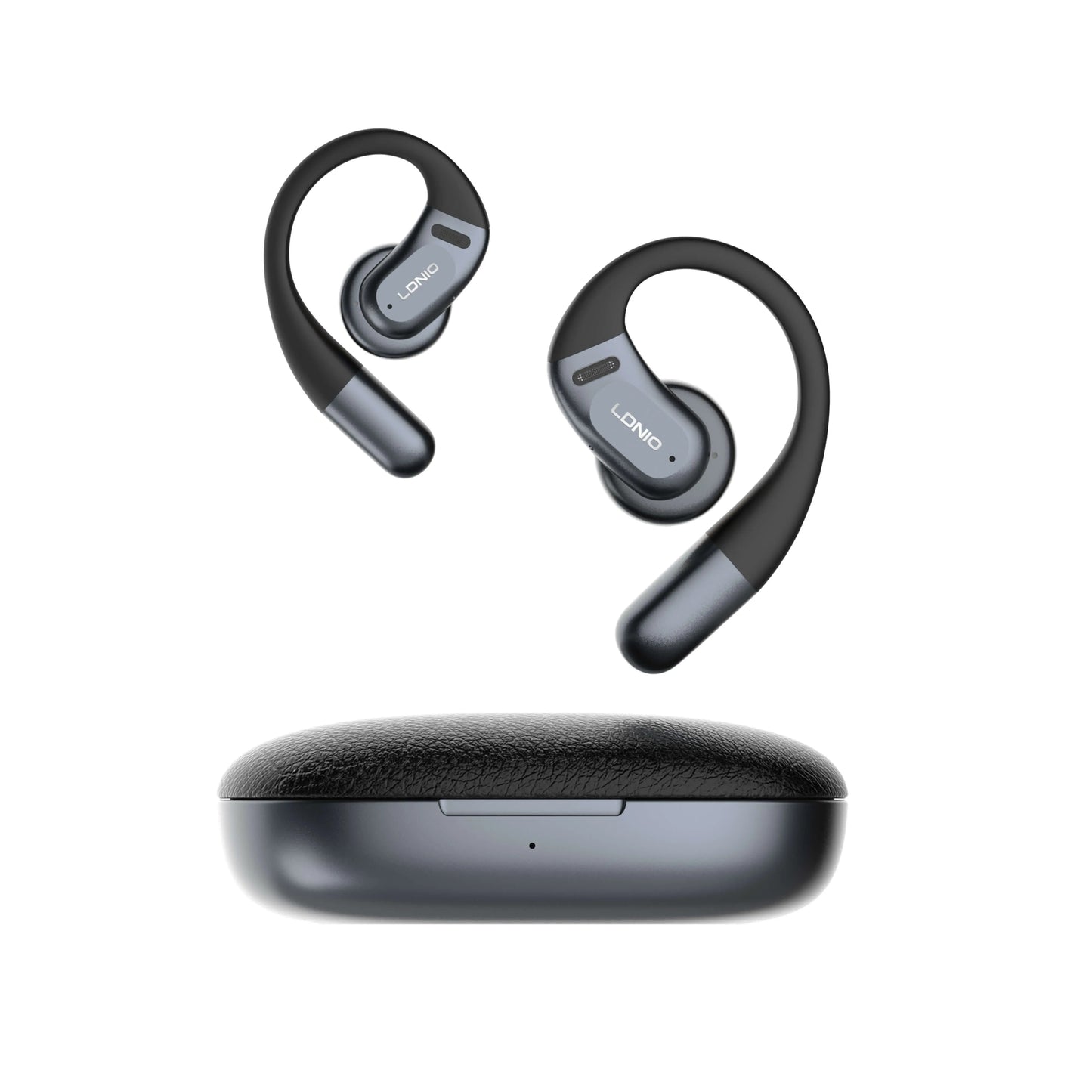 Auriculares LDNIO T12 ear-hook con BT 5.4, IPX4, estuche 1000 mAh (hasta 54 h), baja latencia, táctiles y USB-C. Ajuste firme y cómodo.