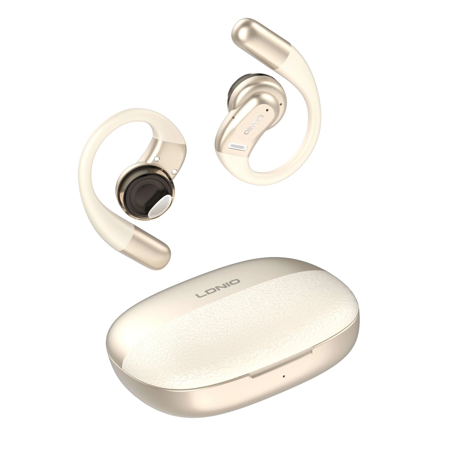 Auriculares LDNIO T12 ear-hook con BT 5.4, IPX4, estuche 1000 mAh (hasta 54 h), baja latencia, táctiles y USB-C. Ajuste firme y cómodo.