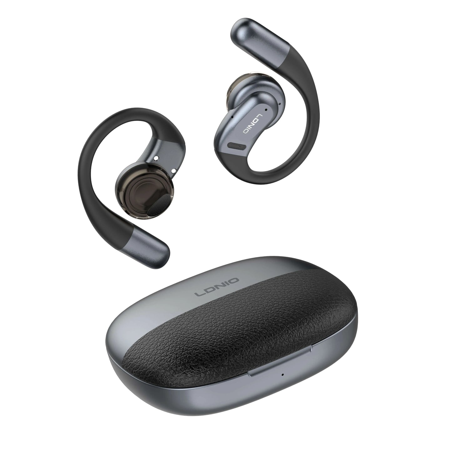Auriculares LDNIO T12 ear-hook con BT 5.4, IPX4, estuche 1000 mAh (hasta 54 h), baja latencia, táctiles y USB-C. Ajuste firme y cómodo.