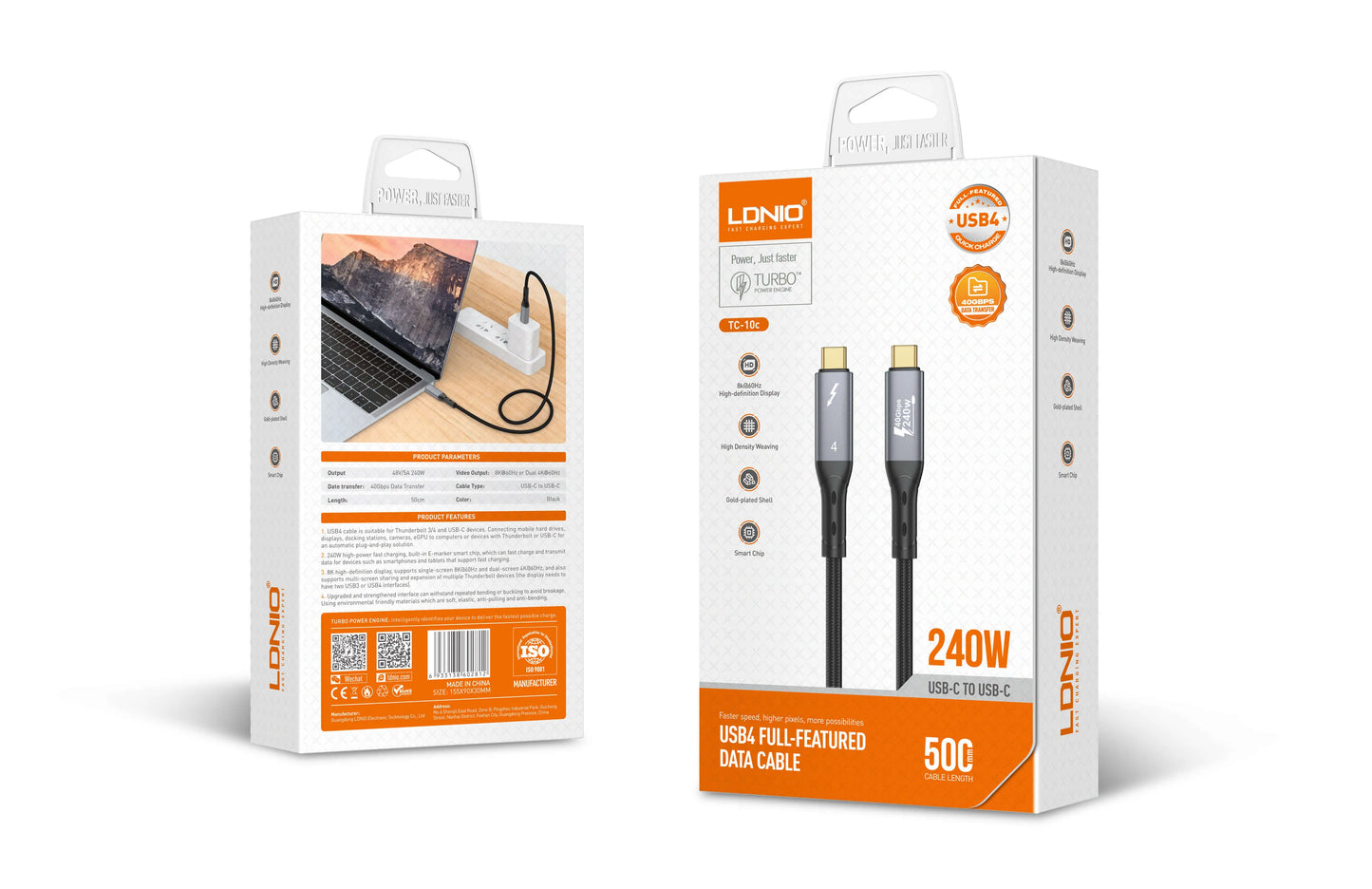 Cable LDNIO TC-11C USB-C a USB-C con 240W, 40 Gbps y video 8K/60Hz. 1 m, reforzado y listo para laptops, monitores y consolas.